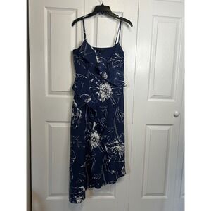 Banana Republic Navy Blue White Floral Ruffle Asymmetrical Midi Dress Size 2